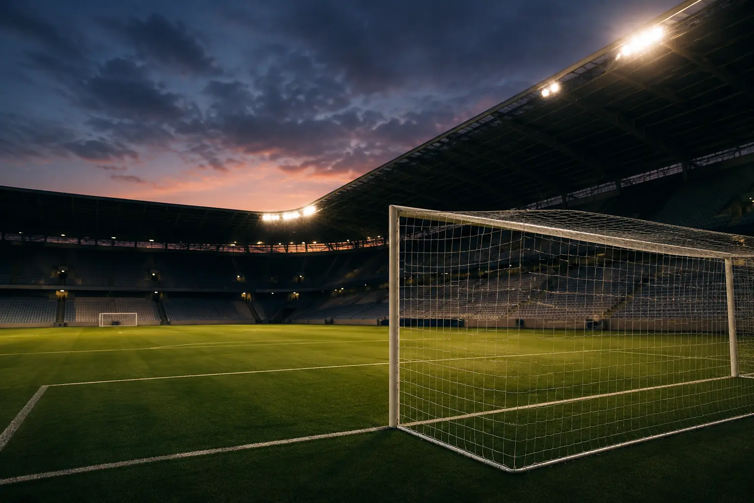 An empty floodlit football stadium viewed from behind the goal